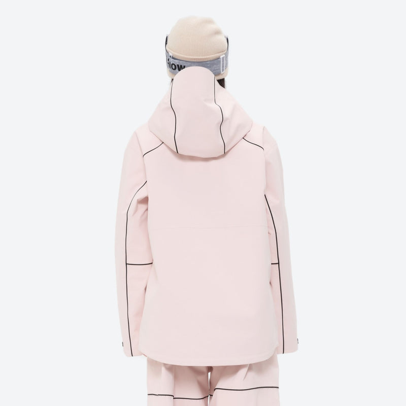 Women's waterproof 2L snow jacket and pants - pink jacket, on-model back view, for powder days and winter commute