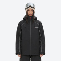 
                  
                    Women's 2-layer snowboard jacket and pants - black jacket, on-model front view, for cold-weather winter sports
                  
                