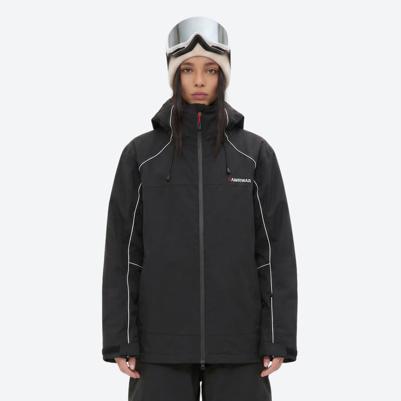 Women's 2-layer snowboard jacket and pants - black jacket, on-model front view, for cold-weather winter sports