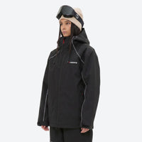 
                  
                    Women's waterproof 2L snow jacket and pants - black jacket, on-model three-quarter front view, for skiing and snowboarding
                  
                