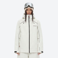 
                  
                    Women's 2-layer snowboard jacket and pants - white jacket, on-model front view, for resort and street wear
                  
                