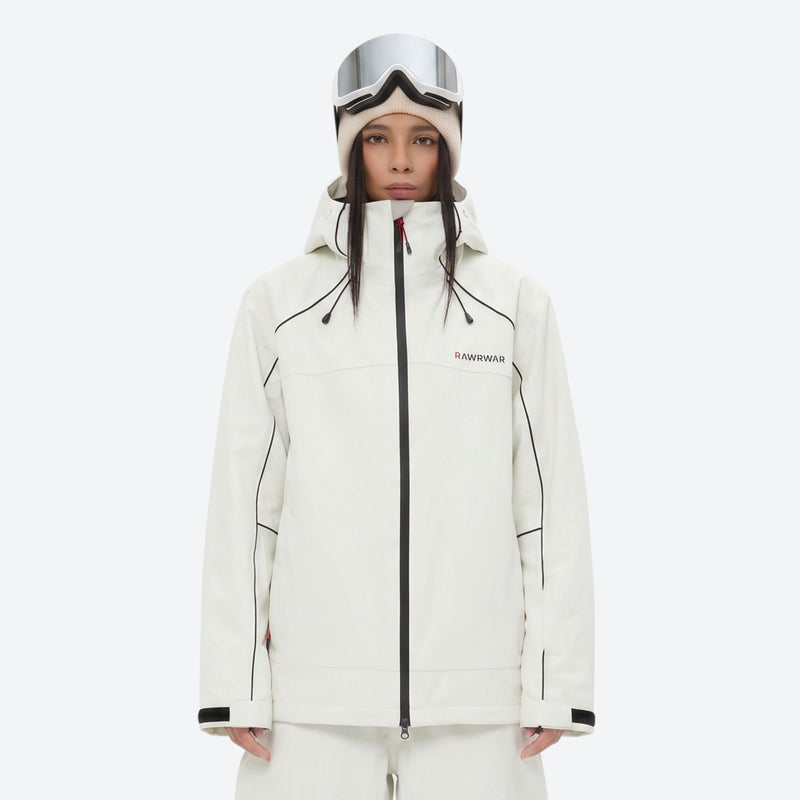 Women's 2-layer snowboard jacket and pants - white jacket, on-model front view, for resort and street wear