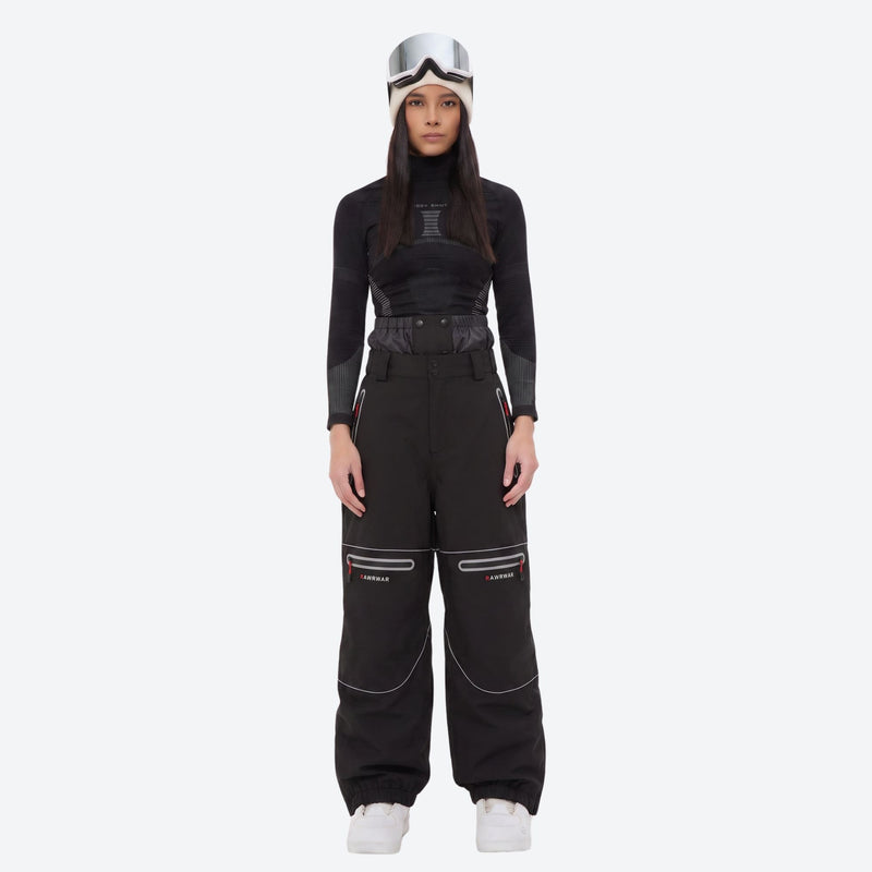 Women's breathable reflective piping ski jacket set - black snow pants with black top, for resort and street wear