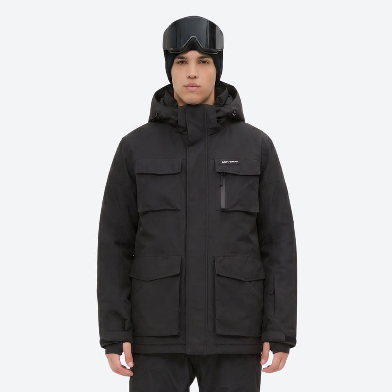 Men's 2-layer snowboard jacket and bib pants - black jacket, on-model front view, for cold-weather winter sports
