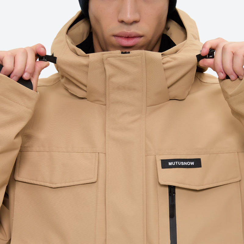 Men's waterproof 2L snow jacket and suspender pants - tan jacket, for cold-weather winter sports