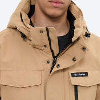 
                  
                    Men's 2-layer snowboard jacket and bib pants - tan jacket, collar close-up detail, for skiing and snowboarding
                  
                