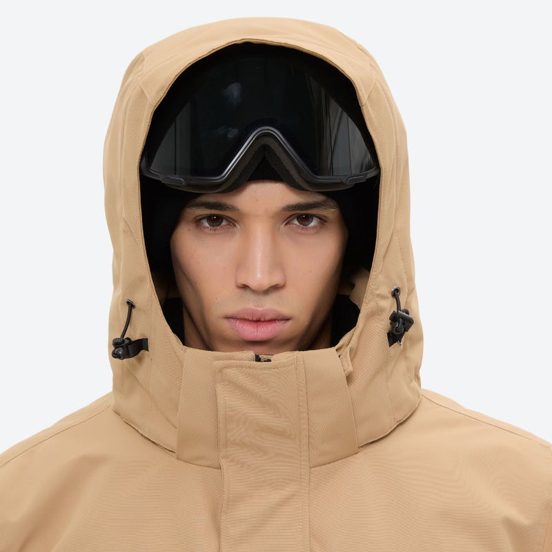 Men's 2-layer snowboard jacket and bib pants - tan jacket, for resort and backcountry days