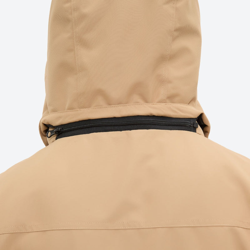 Men's waterproof 2L snow jacket and suspender pants - tan jacket, back hood close-up detail, for powder and piste riding