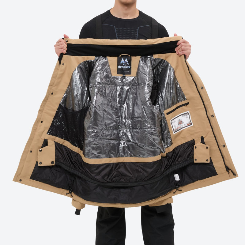 Men's 2-layer snowboard jacket and bib pants - tan jacket, interior lining open flat detail, for skiing and snowboarding