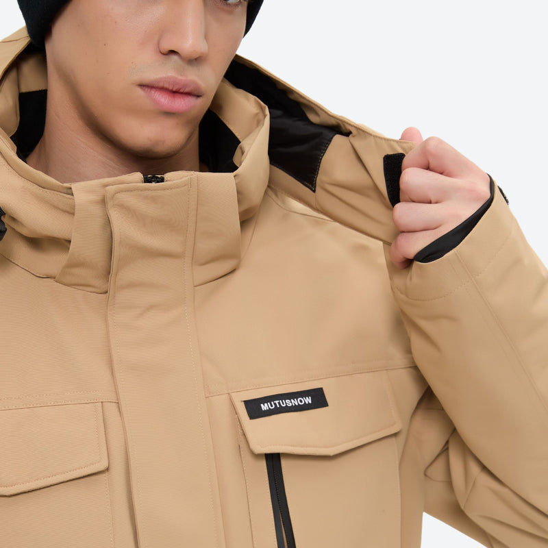 Men's breathable ski jacket with flap pockets - tan jacket, collar close-up with hand, for cold-weather winter sports