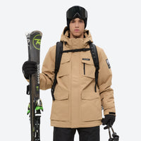 
                  
                    Men's 2-layer snowboard jacket and bib pants - tan jacket with backpack, for powder and piste riding
                  
                