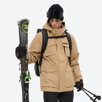 
                  
                    Men's waterproof 2L snow jacket and suspender pants - tan jacket with backpack, for cold-weather winter sports
                  
                