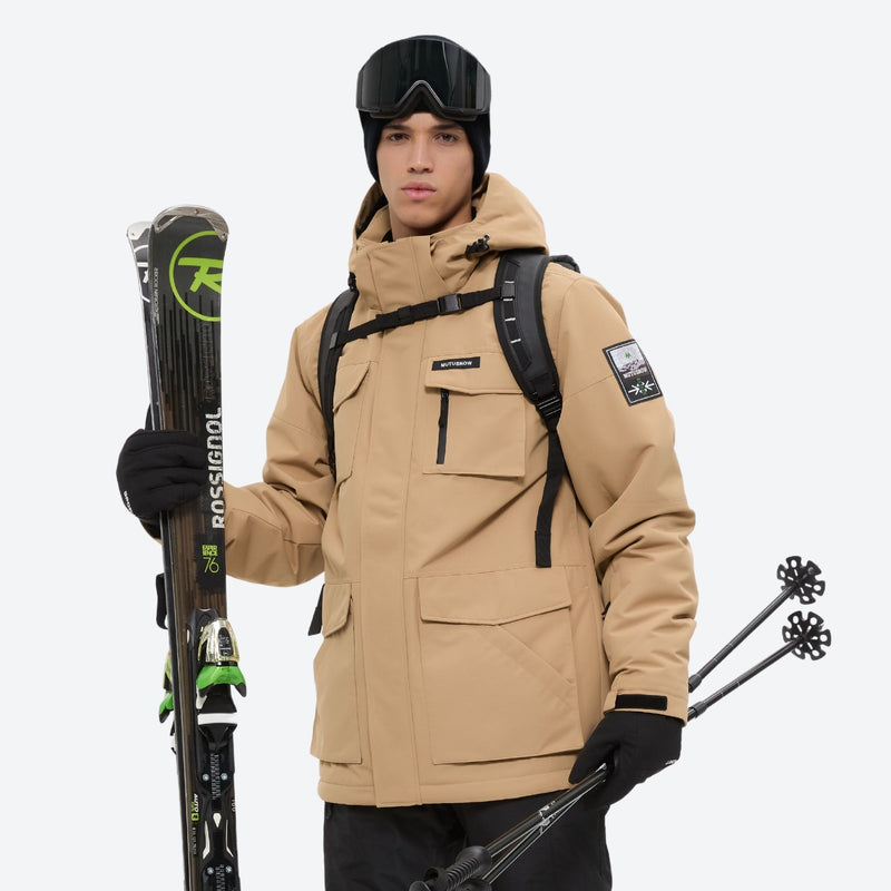 Men's breathable ski jacket with flap pockets - tan jacket with backpack, for skiing and snowboarding