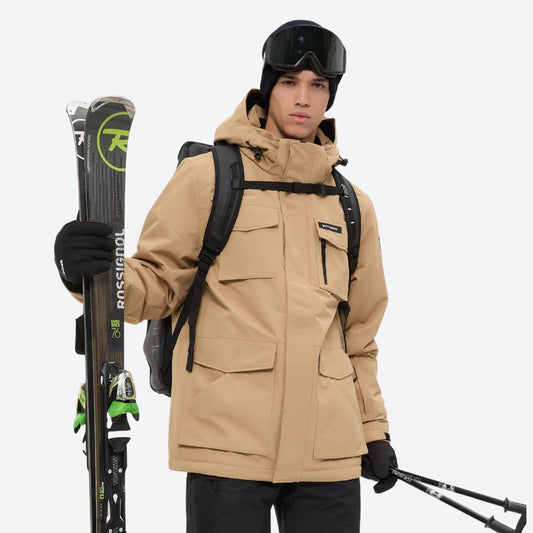 Men's breathable ski jacket with flap pockets - tan jacket with backpack, for resort and backcountry days