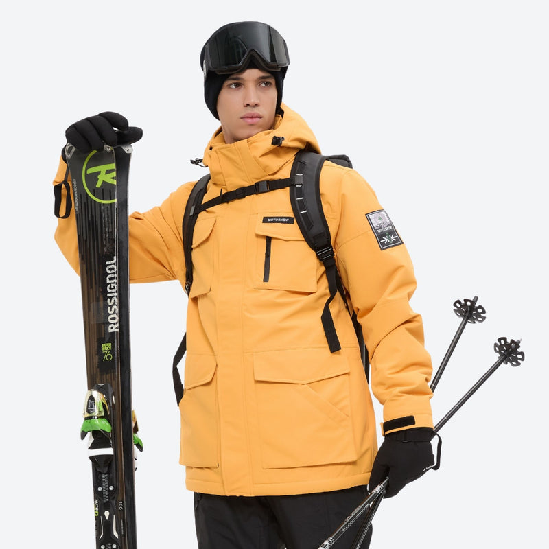 Men's waterproof 2L snow jacket and suspender pants - orange jacket with black pants, for powder and piste riding