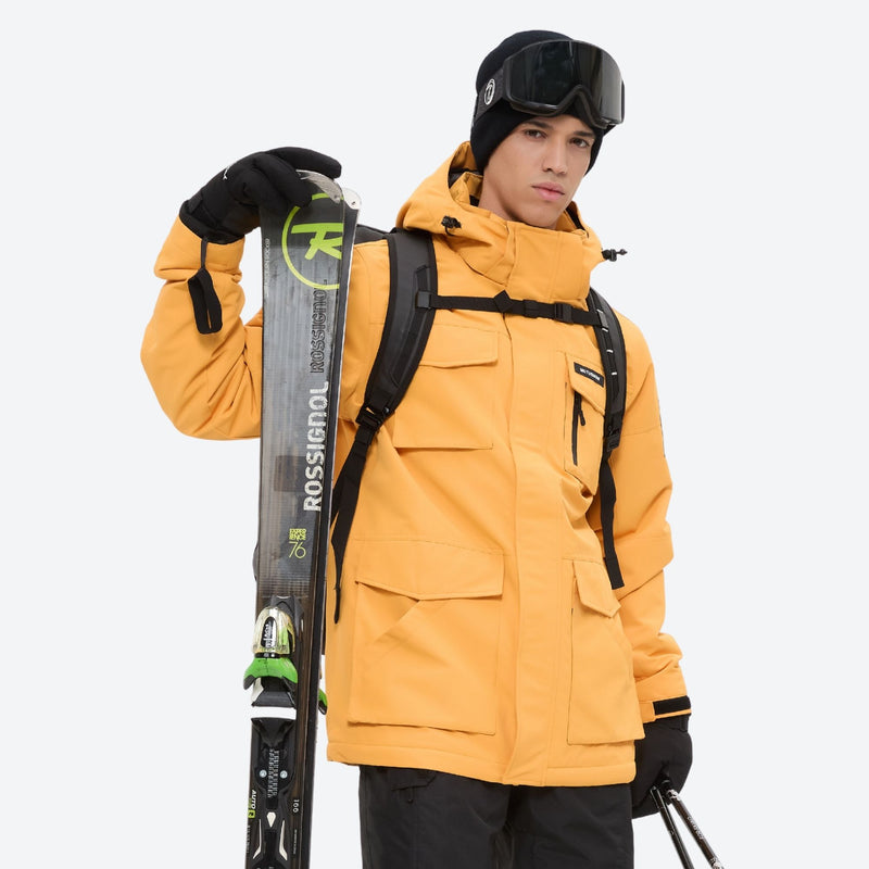 Men's 2-layer snowboard jacket and bib pants - orange jacket with backpack, for resort and backcountry days