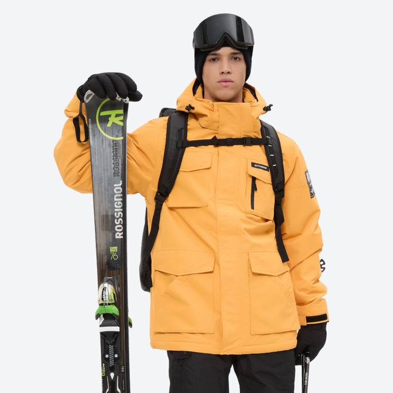 Men's waterproof 2L snow jacket and suspender pants - orange jacket, for cold-weather winter sports