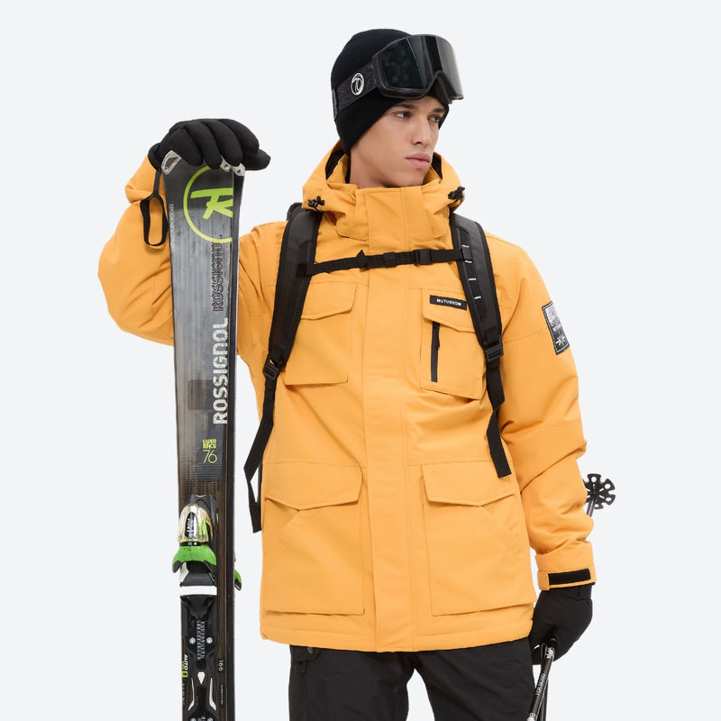 Men's breathable ski jacket with flap pockets - orange jacket with backpack, for skiing and snowboarding