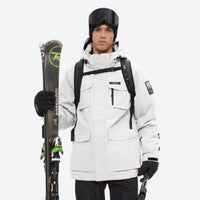 
                  
                    Men's breathable ski jacket with flap pockets - white jacket with backpack, for powder and piste riding
                  
                