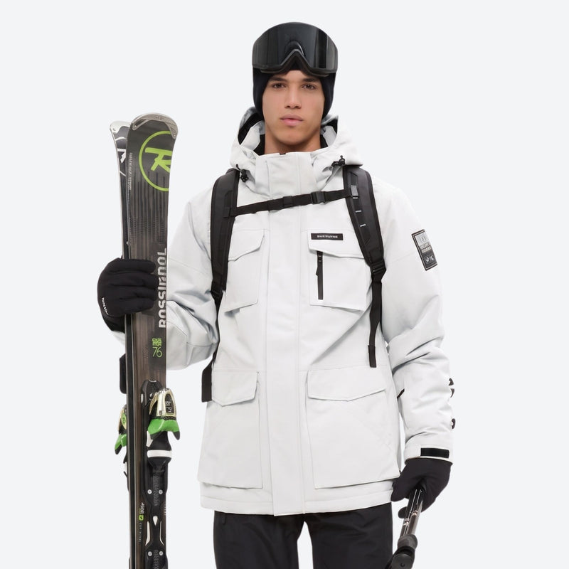Men's breathable ski jacket with flap pockets - white jacket with backpack, for powder and piste riding