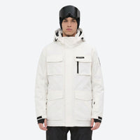 
                  
                    Men's 2-layer snowboard jacket and bib pants - white jacket, on-model front view, for cold-weather winter sports
                  
                