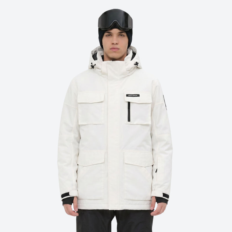 Men's 2-layer snowboard jacket and bib pants - white jacket, on-model front view, for cold-weather winter sports