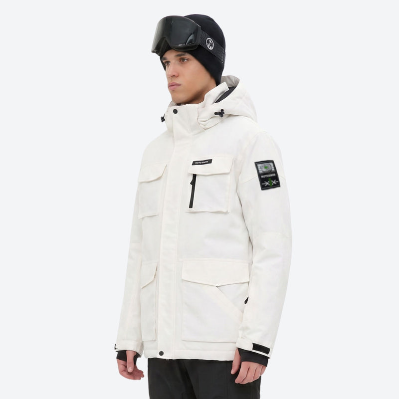 Men's waterproof 2L snow jacket and suspender pants - white jacket, for skiing and snowboarding