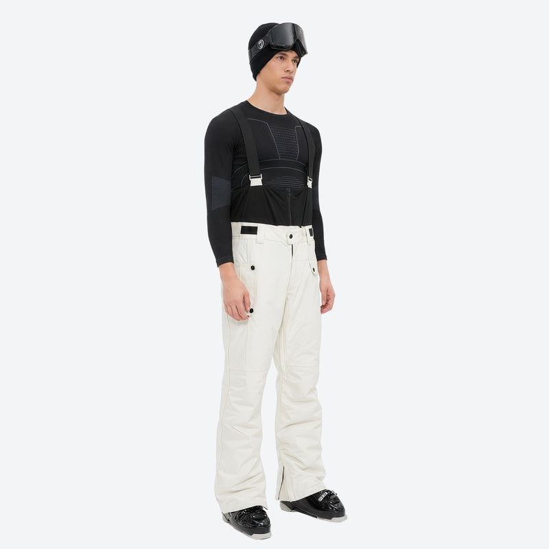 Men's 2-layer snowboard jacket and bib pants - white snow pants with black top, for powder and piste riding