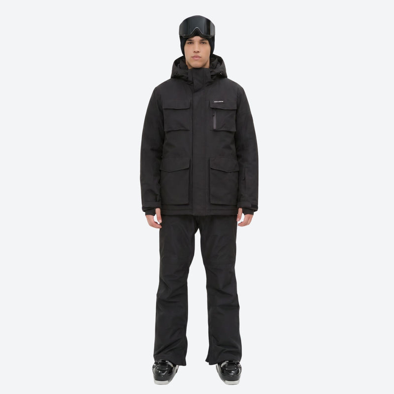 Men's waterproof 2L snow jacket and suspender pants - black jacket with black pants, for resort and backcountry days