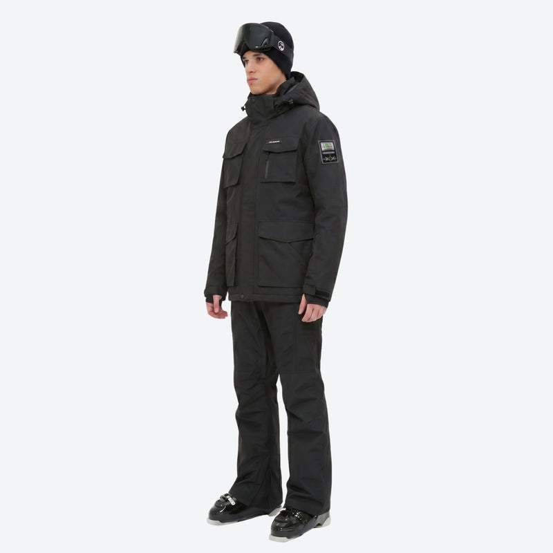 Men's breathable ski jacket with flap pockets - black jacket with black pants, for powder and piste riding