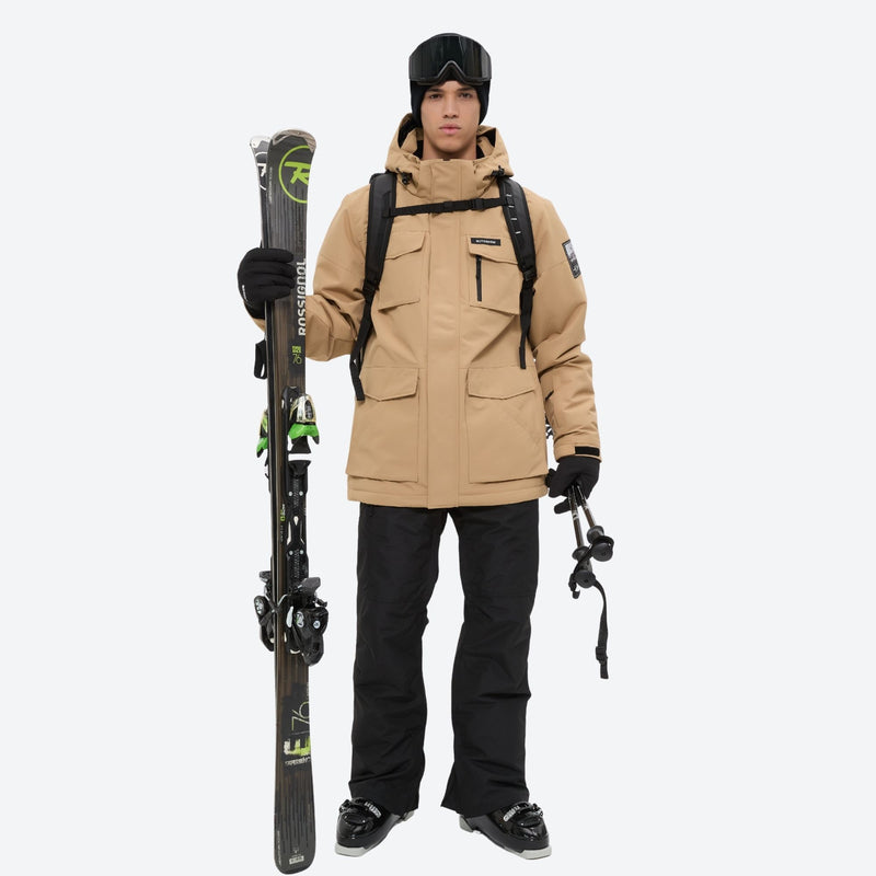Men's waterproof 2L snow jacket and suspender pants - tan jacket with black pants, for skiing and snowboarding