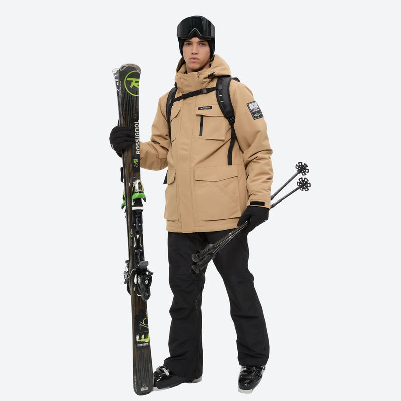 Men's 2-layer snowboard jacket and bib pants - tan jacket with black pants, for powder and piste riding