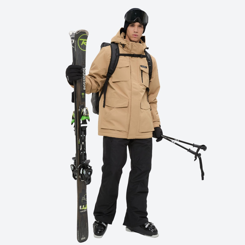 Men's 2-layer snowboard jacket and bib pants - tan jacket with black pants, for cold-weather winter sports