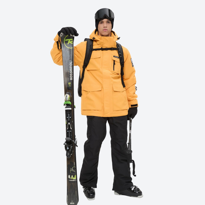 Men's breathable ski jacket with flap pockets - orange jacket with black pants, for cold-weather winter sports