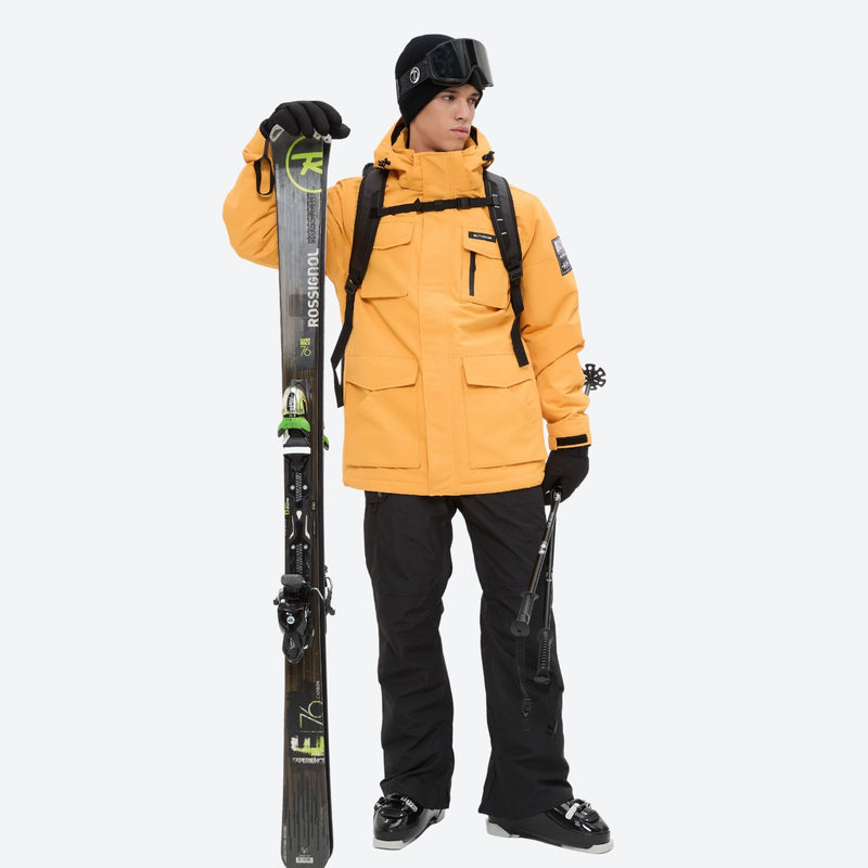 Men's 2-layer snowboard jacket and bib pants - orange jacket with black pants, for skiing and snowboarding