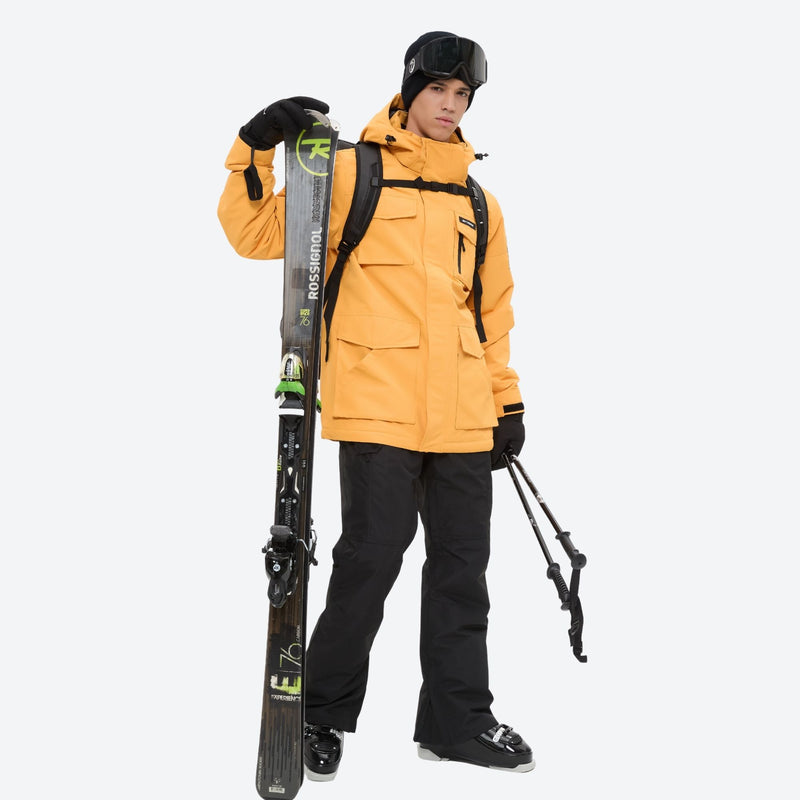 Men's breathable ski jacket with flap pockets - orange jacket with black pants, for powder and piste riding