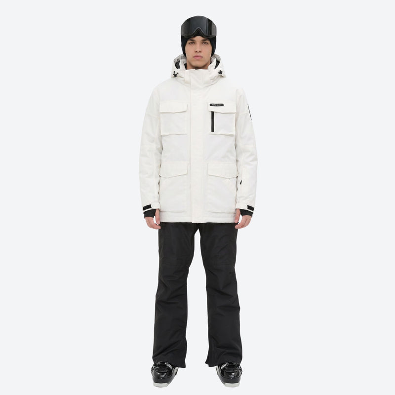 Men's breathable ski jacket with flap pockets - white jacket with black pants, for skiing and snowboarding