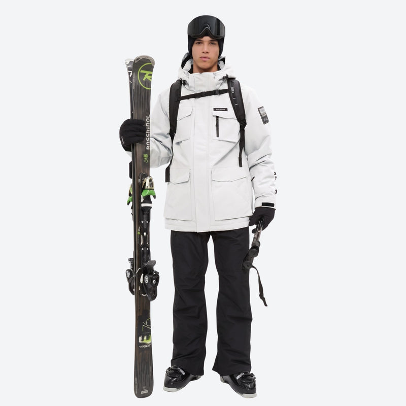 Men's waterproof 2L snow jacket and suspender pants - white jacket with black pants, for cold-weather winter sports