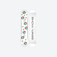 
                  
                    All-mountain snowboard with true twin shape - white top sheet with floral graphic, top and base view, for winter snow sports
                  
                