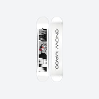 
                  
                    Freestyle twin tip snowboard for park and piste - white top sheet with black photo print graphic, top and base view
                  
                