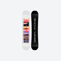 
                  
                    All-mountain true twin snowboard - white top sheet with sunset photo strip graphic, top and base view, for winter snow sports
                  
                