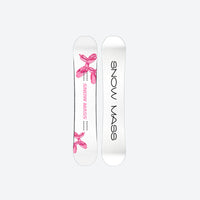 
                  
                    All-mountain true twin snowboard - white top sheet with pink ribbon graphic, top and base view, for powder and piste days
                  
                