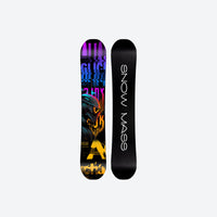 
                  
                    Freestyle twin tip snowboard for park and piste - black top sheet with purple yellow graffiti graphic, for winter snow sports
                  
                