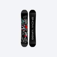 
                  
                    All-mountain true twin snowboard - black top sheet with graffiti sticker graphic, top and base view, for winter snow sports
                  
                