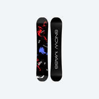 
                  
                    Freestyle twin tip snowboard for park and piste - black top sheet with red blue abstract graphic, top and base view
                  
                