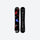 Freestyle twin tip snowboard for park and piste - black top sheet with red blue abstract graphic, top and base view