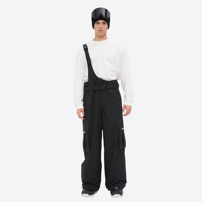 Men's bib snowboard pants with cargo pockets - black bib snow pants with gray top, for powder and piste riding