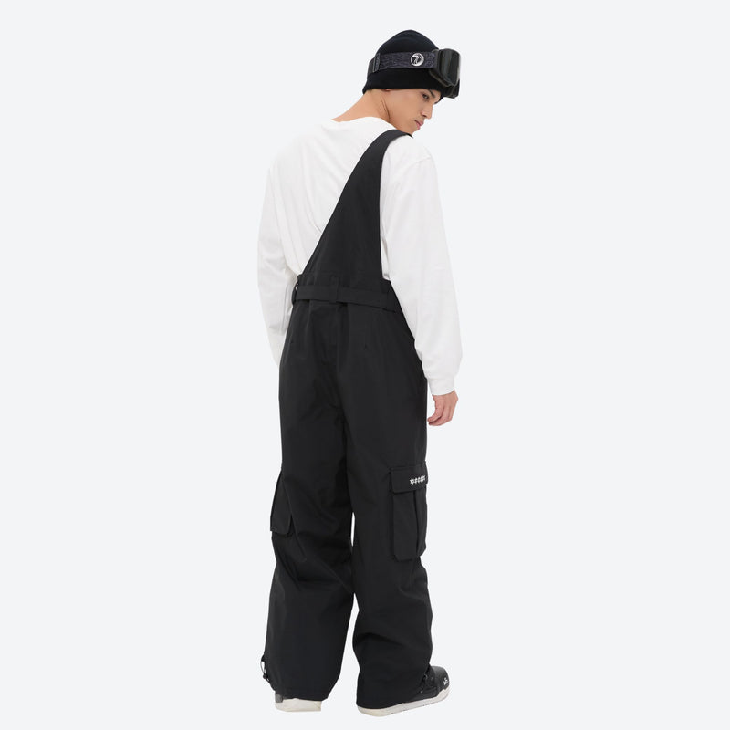 Men's waterproof 3L bib snow pants - black bib snow pants with gray top, back three-quarter view, for powder and piste riding