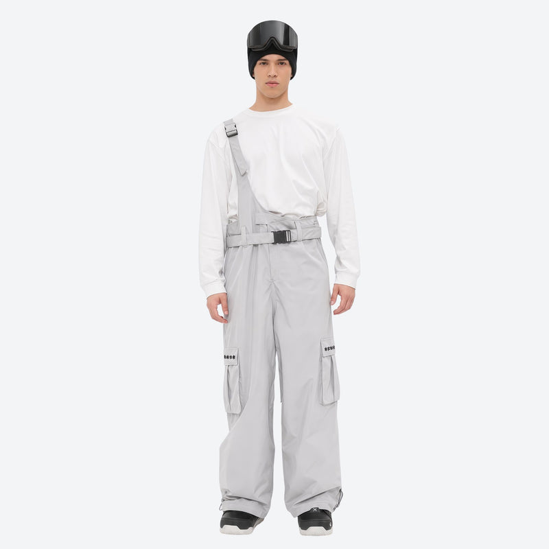 Men's bib snowboard pants with cargo pockets - light gray bib snow pants with gray top, for resort and backcountry days