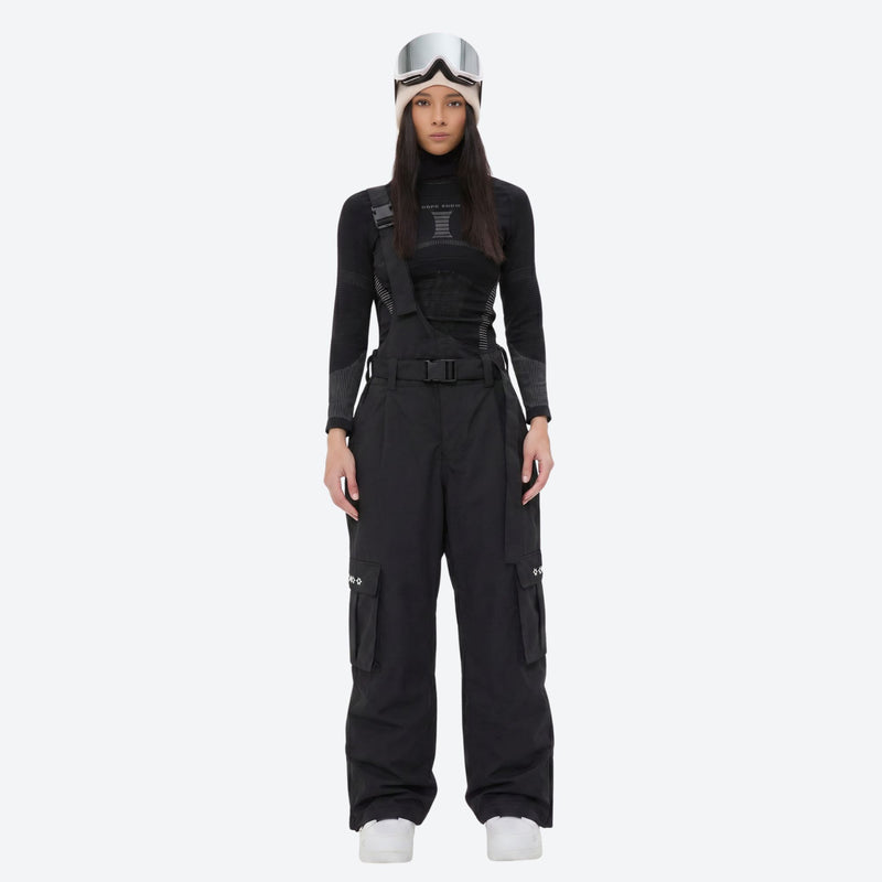 Unisex bib snowboard pants with snow gaiters - black bib snow pants with black top, for powder and piste riding